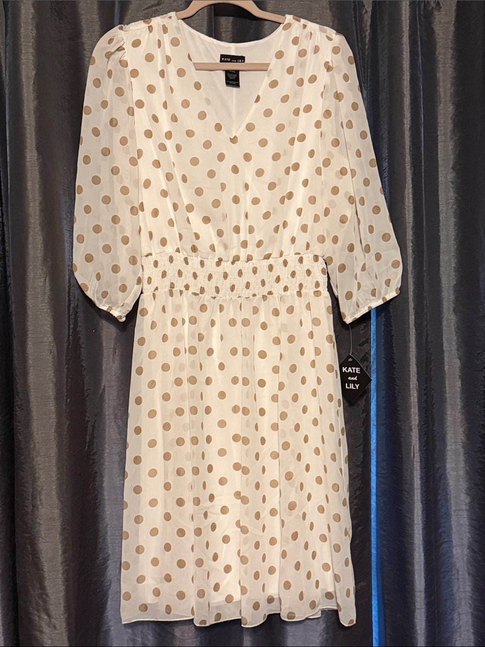 Kate and Lily Cream Polka Dot Midi Dress with V-Neck